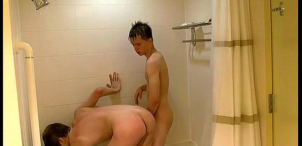  Gay movie of William and Damien get into the shower together for a